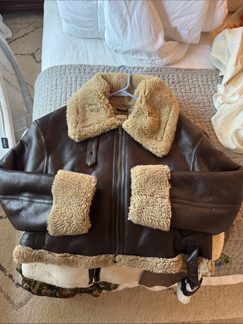 ZARA Brown Faux-Shearling Aviator Pea Coat with Cream Trim